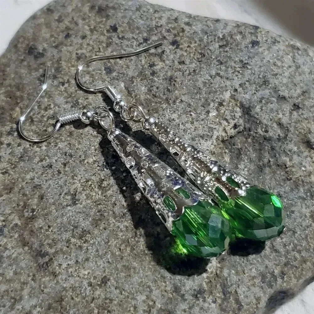 Hand Crafted Caged Filigree Faceted Green Crystal Silver Teardrop Earrings